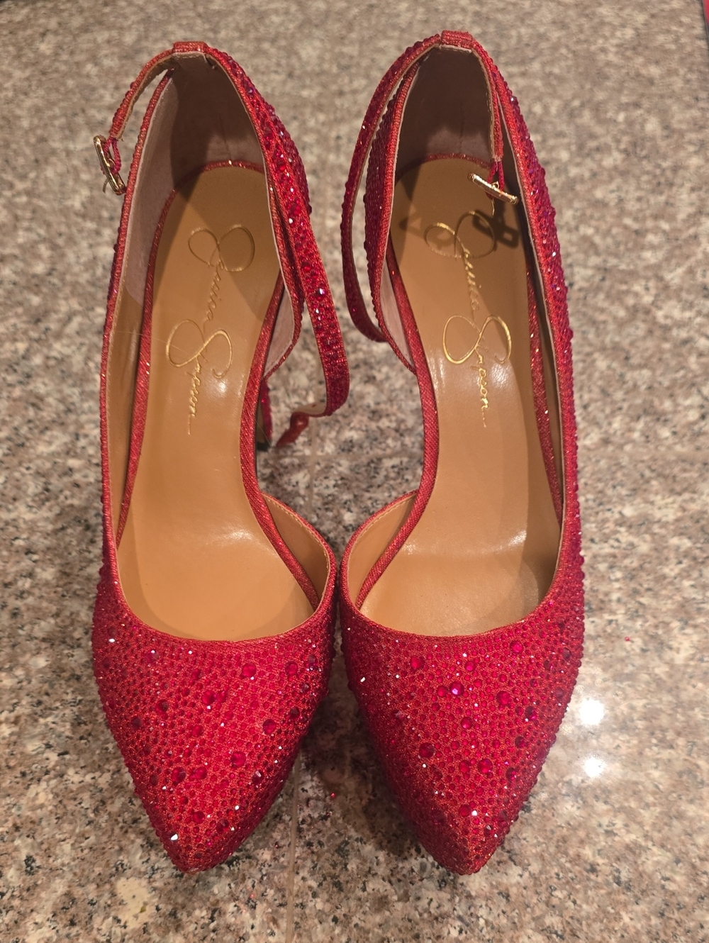 Jessica Simpson Red Glitter Pointed Ankle-Strap Heels - Picture 2 of 12